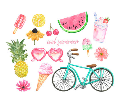 Watercolor cute summer beach set. Pink sunglasses, mint green bicycle, tropical fruits, ice cream, popsicle, isolated on white background. Tropical hand painted illustration, pastel colors