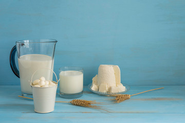 Dairy products and wheat ears for Jewish holiday Shavuot on blue wooden background with copy space.
