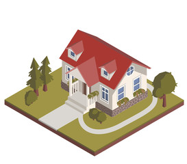 Isometric cottage with garden illustration. Stock vector. Cozy private house icon, suburban building.