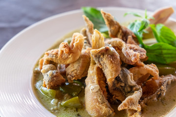 Green curry with chicken and crispy fried fish skin