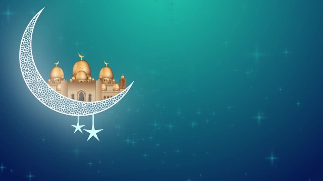 Eid Mubarak Islamic design concept with moon and mosque silhouette element motion background for Ramadan Kareem or Eid Mubarak greeting banner. 4k Seamless loop animation