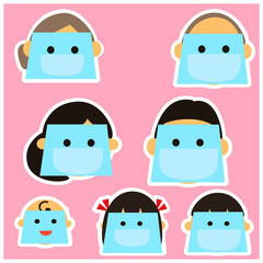 Set of Face icons of family members.wear full face masks .Vector illustrations image. 