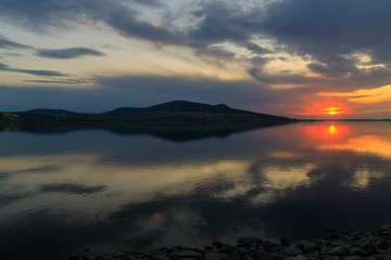 Sunset over Nove Mlyny lake in Palava region, Southern Moravia, Czech Republic