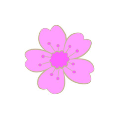 Vector flower on a white background. Delicate pink flower with 5 petals with a pink center. Forget-me-not with gold stroke. Meadow grass with heart-shaped petals, without a stem. Fairytale flower.