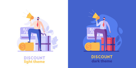 Sales manager attracts clients with gift. Discount program with light and dark background. Concept of shopping, loyalty program, payment credit card. Vector illustration for UI, web banner, mobile app