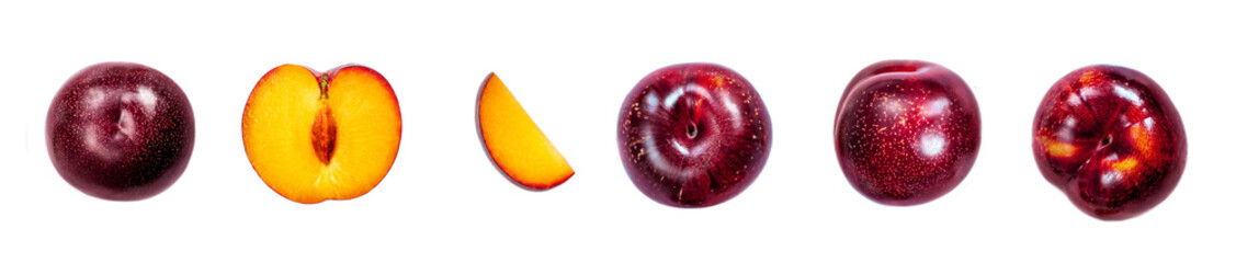 Plums fruits with leaves isolated on white Background, closeup. Tropical abstract background..