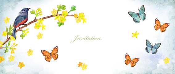 Fototapeta premium invitation banner with butterflies and pretty bird sitting on twig of blossom wild currant bush with yellow little flowers. watercolor painting