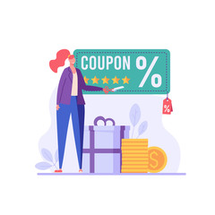 Happy customer cuts coupon with scissors. Discount program and big sale. Concept of shopping, loyalty program, payment credit card. Vector illustration for UI, web banner, mobile app