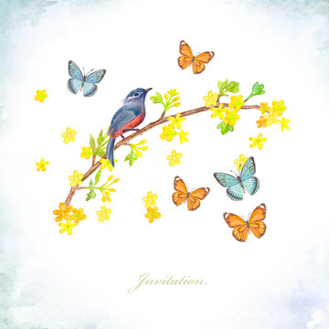 invitation card. pretty bird sitting on blossom wild currant bush with yellow little flowers surrounded happy flying butterflies. watercolor painting