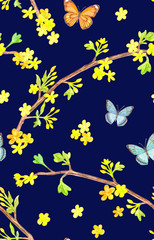 seamless texture with yellow blossom branches and butterflies on dark blue background. watercolor painting