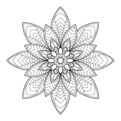 Round abstract leaf mandala with floral elements on white isolated background. Good for coloring book pages.