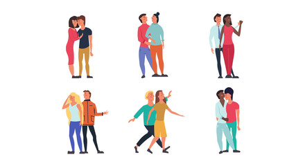 Couple walking together people love illustration vector. Two man and woman character happy romantic family set. Cute lifestyle boyfriend and girlfriend figure. Pretty smile human group concept