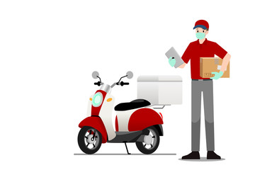 Delivery Man stand and holding a smart tablet & goods or parcel in front of a motorbike and ready for going to fast express deliver food or product to customer. Flat illustration service concept.