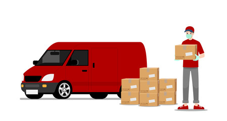 Delivery man stand and holding a goods parcel in front of a delivery van and ready for going to fast express deliver food or product to customer.