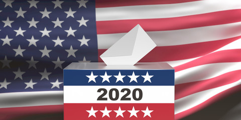 2020 US election. Ballot box and envelope on USA flag background. 3d illustration