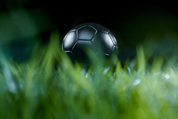 Black soccer ball on the green football ground