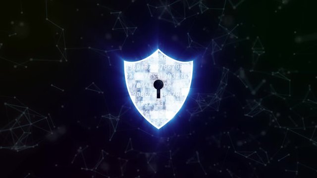 A blue security shield and firewall motion graphic on dot connection background, The security system for computer and network concept