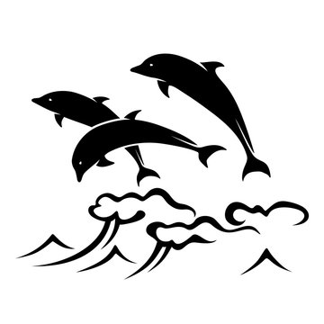 Three dolphins jumping out of the ocean waves. Vector black and white illustration.