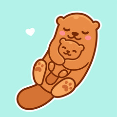 Cute cartoon otter mom and baby