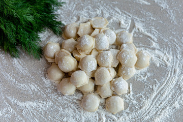 Fototapeta na wymiar Homemade dumplings close-up. Dumplings lie on a table sprinkled with flour and next to dill greens. A lot of dumplings in bulk