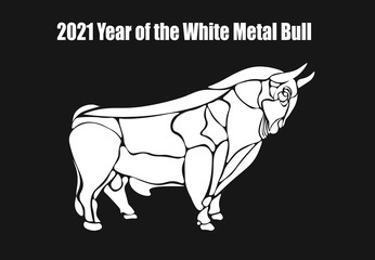 2021 year of the white metal bull. Happy New Year. Silhouette. Lunar horoscope sign. illustration