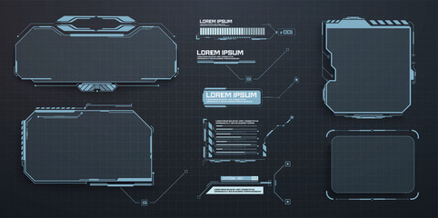 Techno frame, interface. Virtual grid display ui hologram user interface. Callouts titles and HUD elements. Futuristic callout bar labels, box modern digital info boxes layout templates. HUD, UI, GUI