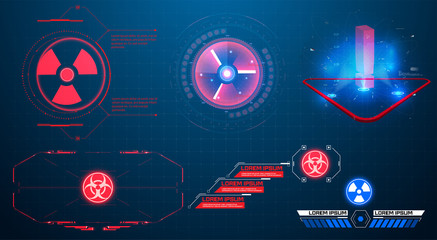 HUD, UI, GUI futuristic user interface screen elements set. High tech screen for video game. Sci-fi concept design. Callouts titles. Modern banners, frames of lower third. Red. Vector illustration