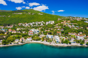 Croatia, beautiful Opacija riviera on Adriatic coast, aerial panoramic view in Kvarner bay coastline
