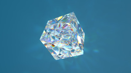 3d render of glass shape with realistic caustics on blue background.  Light refraction effect.