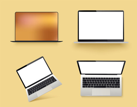 Modern premium laptop  mockup on yellow background. High quality sign and symbol icon. Laptop fully opened, partially opened and closed screen