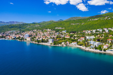 Croatia, beautiful Opacija riviera on Adriatic coast, aerial panoramic view in Kvarner bay coastline