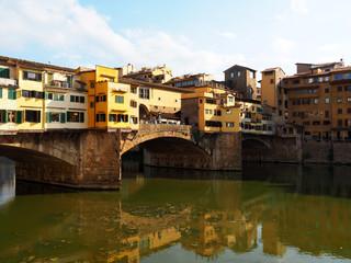 View of the Ponte Vecchio bridge. It is a medieval bridge over the Arno River, in Florence, Italy.