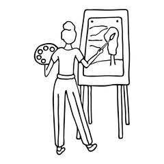 Painter drawing on easel. Hand drawn outline doodle vector illustration. Woman artist with palette painting landscape on canvas using brush. Black contour isolated on white background