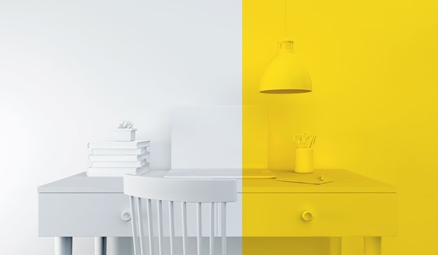 Concept of a freelancer's workplace. White workplace with a yellow part. Background for a banner or brochure. 3D rendering.