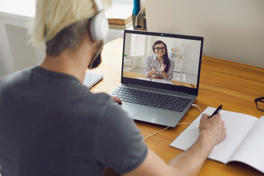 Online home education. Student and teacher video conference chat call remotely.