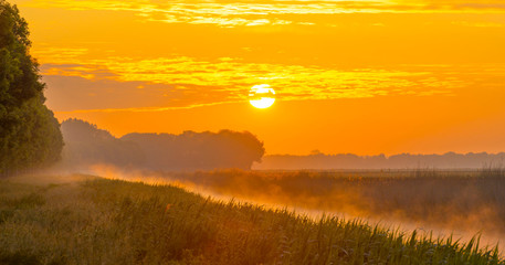 Misty canal in an agricultural field below a blue yellow sky in sunlight at a foggy sunrise in a spring morning