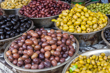Green and black olives in the oriental market 