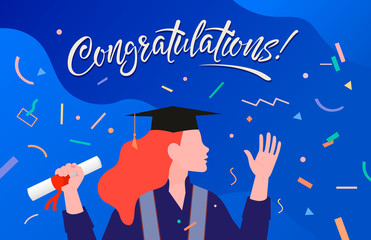 Congrats graduates. Successful happy girl-student on her graduation day with a diploma in hand.  Illustration in the horizontal version.