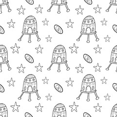 Vector spaceship seamless cartoon pattern. Black and white hand drawn doodles with spaceship, rocket, planets and stars for paper, textile, handmade decoration, scrap-booking, polygraphy, cards.