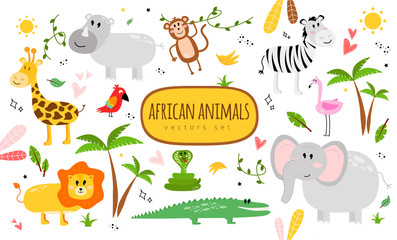 Illustration with animals and the inscription african animals vector set. Illustration with a zebra, rhino, flamingo, crocodile, elephant, snake, lion, parrot, monkey, giraffe.