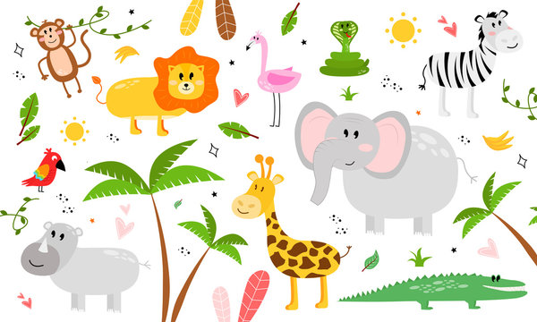 Illustration with african animals. Illustration with a zebra, rhino, flamingo, crocodile, elephant, snake, lion, parrot, monkey, giraffe.