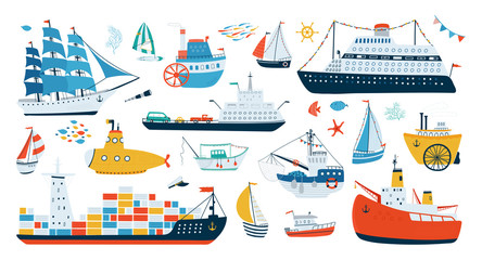 Collection various ships isolated on white background in a flat style. Water transport illustrations for design of children's rooms, clothing, textiles.Vector
