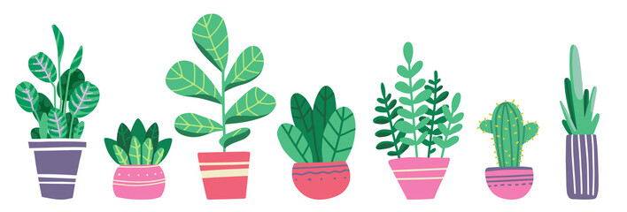 House plants in pots and vases. Beautiful hand drawn isolated element vector set.