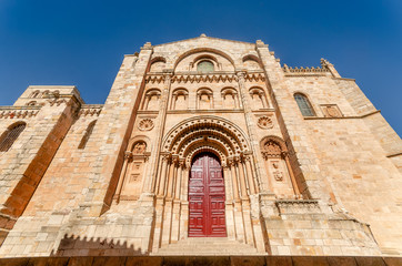 Fototapeta na wymiar View of the richly sculptured Bishop's Doorway of the Zamora Cathedral in Castile and Leon, Spain
