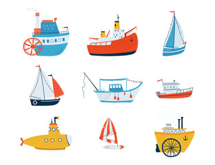 Collection cute ships isolated on white background in a flat style. Illustrations of water transport, sailboat, submarine, icebreaker, fishing boat, steamboat. Vector