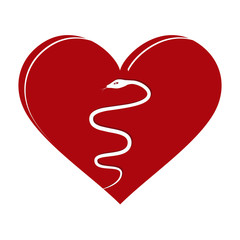 Red heart with a white snake - vector. Medicine concept.