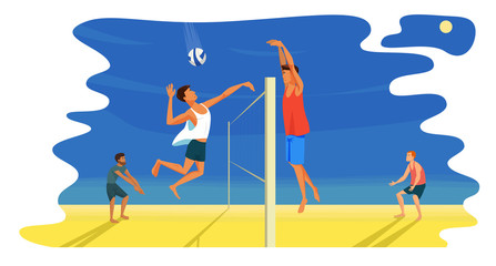 Beach volleyball game. Spiker attacks. A digger stands in a protective stance on bent knees. Player puts a block. Attack and defense. Competition between two teams. Side view flat design illustration