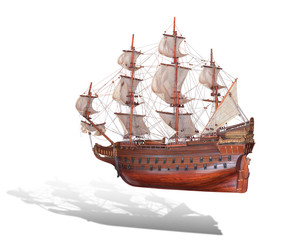 Wooden sailboat sails steampunk illustration of a fantastic wooden flying ship in the style of...
