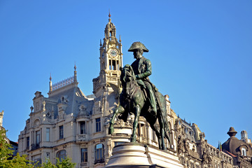 Fototapeta na wymiar Porto, Portugal - August 19, 2015: Equestrian statue. The monument to King Pedro IV (Portuguese: Monumento a D. Pedro IV) is located in the Liberdade Square in Porto, Portugal.