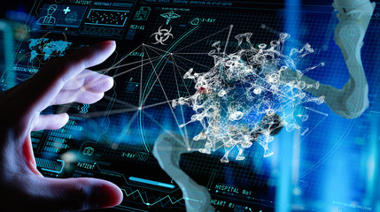 Medicine doctor sciene hand with Ai robotics research and analysis. Diagnose checking coronavirus...